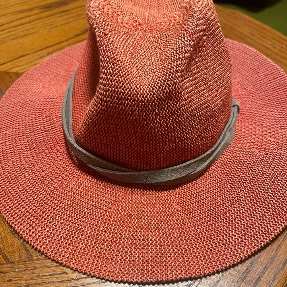 WYETH Whitney Panama Rust Woven Wide Brim Fedora Leather Trim Hat